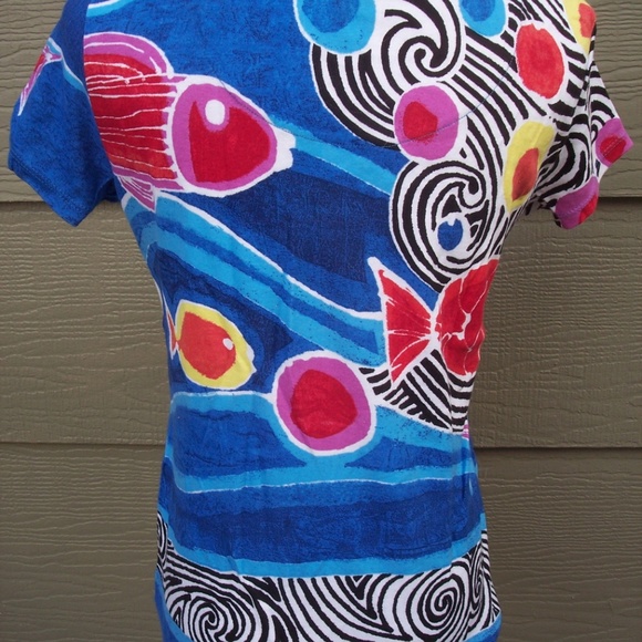 Chicos Top Sz S 0  Fish Sea Ocean Cap Sleeve Tee - Picture 5 of 7
